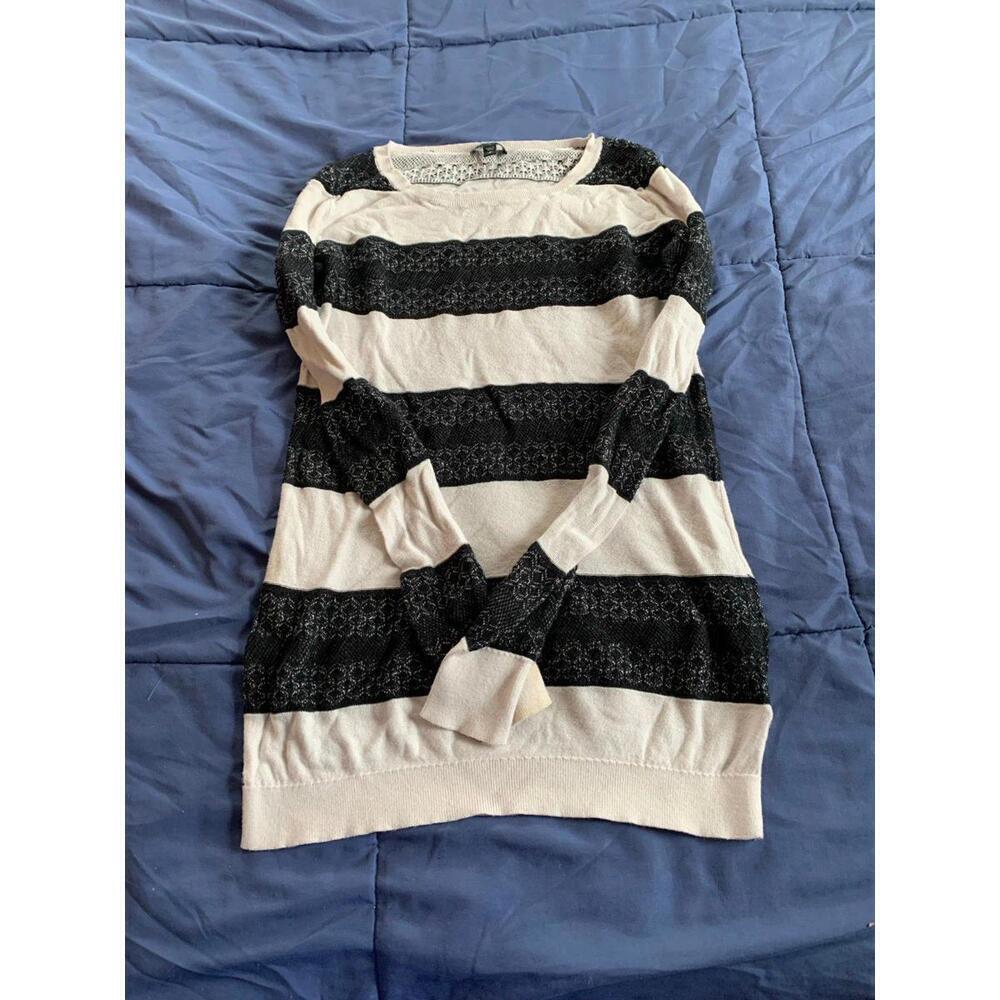 Express Size Small White Sweater with black lace stripes​​​